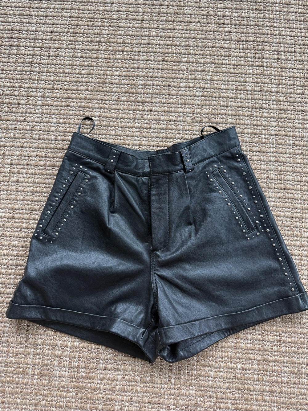The Kooples Black Studded High-Waist Leather Shorts